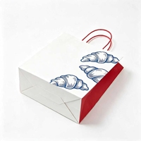 Bolsas de Papel Blancas al por Mayor con Asas Trenzadas Rojas y Diseños de Croissants Azules para Empaque General de Panadería y Cafetería