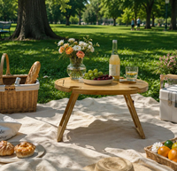 Table de pique-nique pliante ovale moderne en bambou avec rangement pour vin, idéale pour le camping et le jardin