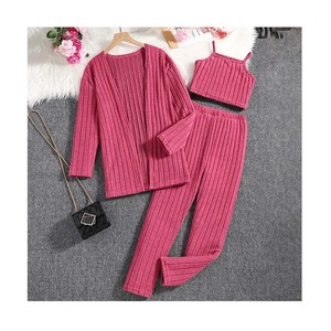 Girls Casual Outfits Set Solid Cami <b>Top</b> Open Front Coat Knitted Leggings 3Pcs for 8-12Years New Model Pants - Product Image 1