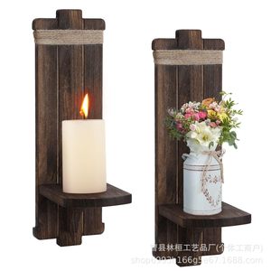 Support mural en bois massif style rétro pour bougie ou vase avec détails en corde – Décoration intérieure - Product Image 1
