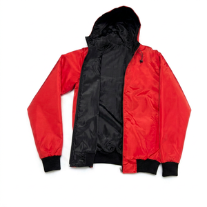 Veste coupe-vent réversible 2-en-1, bomber à capuche unisexe, légère, zippée, streetwear, rouge et noir, doublure en coton, broderie sur le devant - Product Image 1