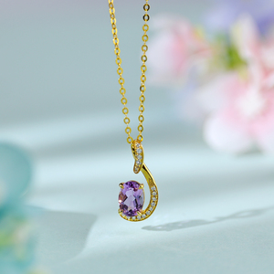 Wholesale Elegant Luxury Jewelry For Women 14K Yellow <b>Solid</b> <b>Gold</b> Lab Grown Diamonds <b>Pendants</b> Oval Cut Amethyst Charm <b>Pendants</b> - Product Image 5