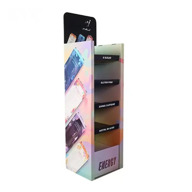 Aangepaste Print Vloer Staande Snack Kartonnen Plank Display Pop Papier Display Rack Voor Voedsel