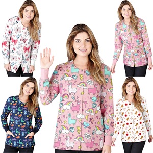 Women Long Sleeve Crew Neck Cardigan Moisture Wicking Knitted Scrub <b>Top</b> Hospital Uniforms Split Set - Product Image 1