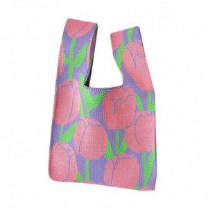 Sac fourre-tout en tricot miniature à nœuds japonais, motif floral, crocheté, sac à main en tricot pour femmes - Product Image 5