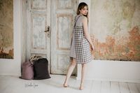 Tablier japonais jetable en lin doux à manches, couleur personnalisée, à carreaux gris, motif Gingham, avec poches croisées au dos, pour femme, usage domestique
