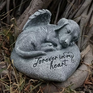 Chiot sur coeur Sculpture en résine, chien endormi gris avec décor d'ailes d'ange sur base gravée, cadeau de sympathie pour la perte d'animaux domestiques pour le jardin - Product Image 2