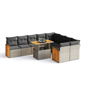 Grey Garden <b>Sofa</b> Set Rattan With Storage Outdoor Furniture Contemporary Style Teak <b>Wood</b> <b>Frame</b> 6 Seater - Product Image 1
