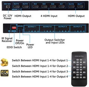 4K <span class=keywords><strong>HDMI</strong></span> 2.0b Matrix Switch 4x4 Switcher Splitter 4 in 4 Out Box avec SPDIF EDID Extractor IR Remote Control Support HDCP 2.2 ARC - Product Image 3