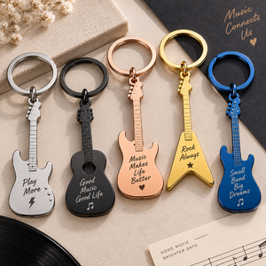 Guitar Shape Metal Keychains Zinc Alloy Fashion Souvenir UV Printing Irregular Design Music Theme OEM ODM - Product Image 1