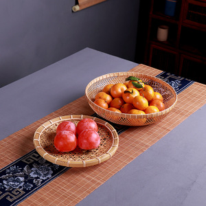 Bamboo Fruit Basket Round Handmade Woven Kitchen Food Storage Simple Style - Product Image 2