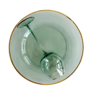 13 Inch Clear Gold Rim Engraving Glass Charger Plates Wedding Disposable Glass Clear Charger Plates with Wine Goblet