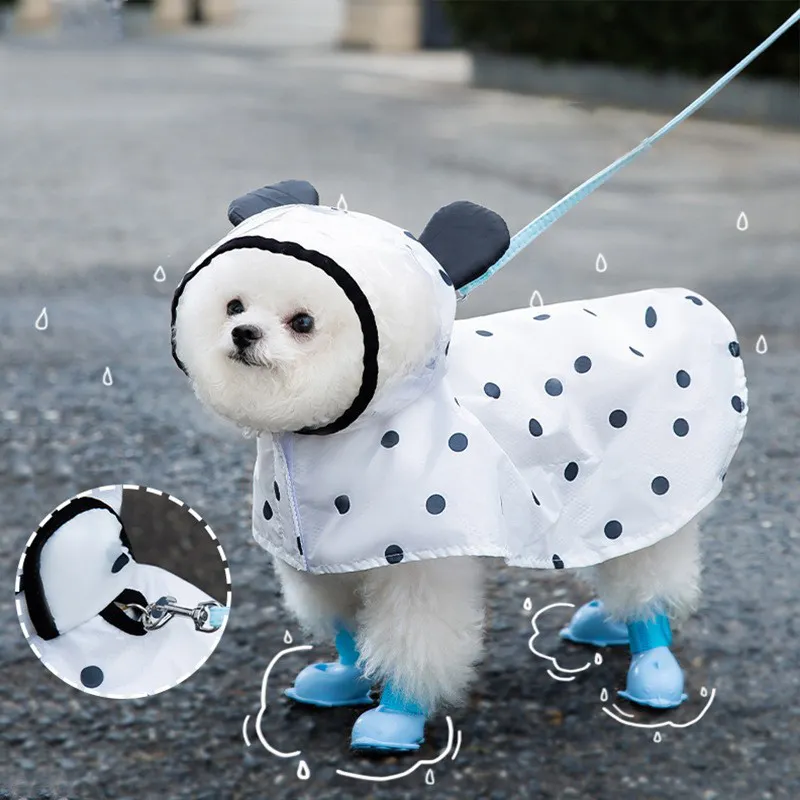 귀여운 곰 귀 모양 애완 동물 비옷 개 범위 4 다리 전신 보호 커버 투명 모자 챙 방수 개 비 재킷