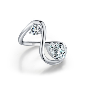 S925 Sterling <b>Silver</b> Twisted Open <b>Ring</b> With Round And Pear Cut Zircon Minimalist <b>Adjustable</b> Fashion Promise <b>Ring</b> For Women Daily - Product Image 1