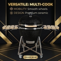 Barbecue au charbon de bois en céramique Kamado avec support en acier inoxydable, finition émaillée de 29 pouces, garantie 1 an - Fumoir de cuisson extérieur