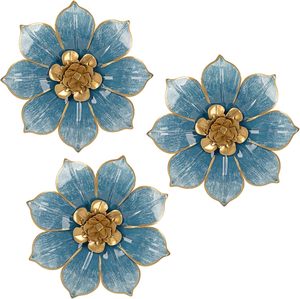 Décoration <span class=keywords><strong>murale</strong></span> moderne 3D <span class=keywords><strong>en</strong></span> <span class=keywords><strong>métal</strong></span>, art, fleurs bleues <span class=keywords><strong>et</strong></span> dorées, 3 pièces, décorations d'intérieur <span class=keywords><strong>et</strong></span> d'extérieur suspendues pour la chambre à coucher, le salon <span class=keywords><strong>et</strong></span> la maison. - Product Image 1