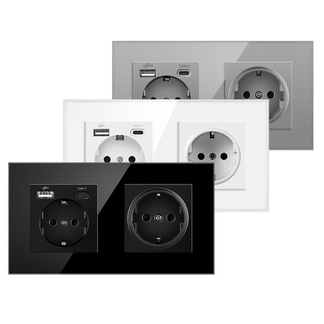 NOVSKI European Industrial & Hospital Use Wall Socket with USB-C & USB-A Ports 16A 230V Schuko Socket Glass Panel CE for