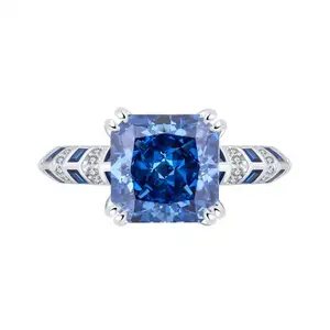 925 Sterling Silver Square Blue Sapphire Princess Cut Cubic Zirconia CZ Ring For Women