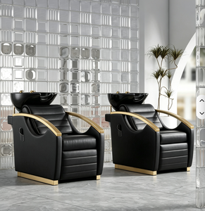 Nuevo Sillón de Lavado Profesional para Salón de Belleza, Silla de Champú Eléctrica Especial para Salón, Juego de Muebles de Salón en Cuero Marrón y Dorado - Product Image 3