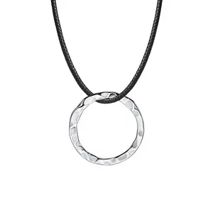 Black Leather Cord Chain Forged Ring Pendant Stainless Steel Classic Jewelry For Men Fashion Hammered Circle Necklace