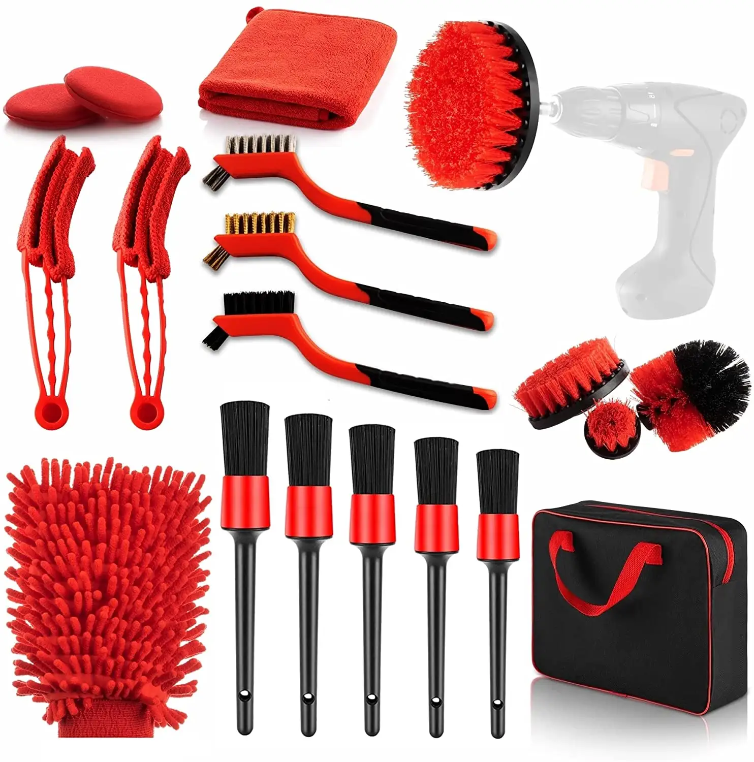 Factory direct supply Hot Sales 19Pcs red Car Detailing Brush Set Auto Washing Drill Brush Car Cleaning Tools Kit for car care