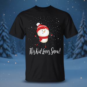 T-shirt pour enfants avec bonhomme de neige dansant, motif « This Kid Loves Snow », idéal pour les fêtes de Noël - Product Image 3