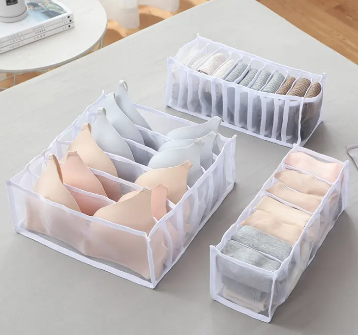 Plaid Fabric Home bra underwear finishing box foldable underwear socks mesh transparent drawer-style storage box