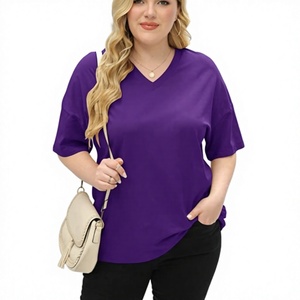 เสื้อยืดคอวีสีพื้นสำหรับผู้หญิงไซส์ใหญ่ เป็นมิตรกับสิ่งแวดล้อม เสื้อยืดแขนสั้นสำหรับฤดูร้อน สวมใส่สบายทรงหลวม เสื้อทูนิค ผ้าฝ้าย 100% 240 GSM - Product Image 4