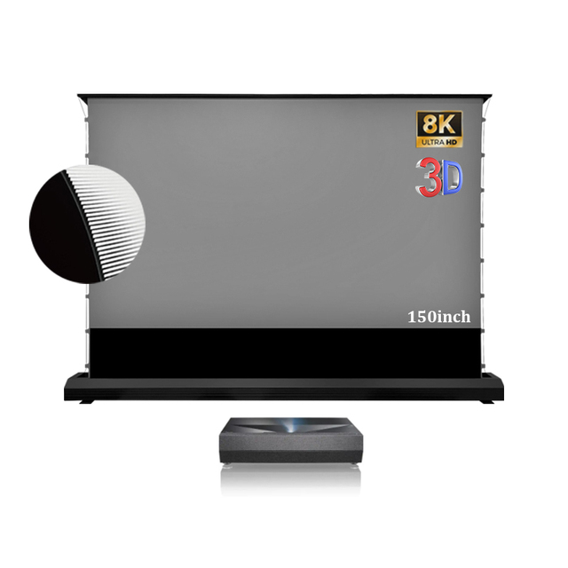 120" Electric Floor Rising Roll up Screen Black Grid PET Crystal UST 4KAmbient Light Rejecting Ultra Short Throw Laser Projector