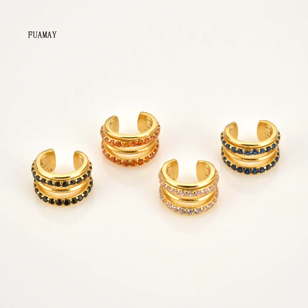 Fuamay thời trang Trắng Cam Xanh Đen Zircon Tai Cuff hai lớp không xuyên clip trên Bông tai