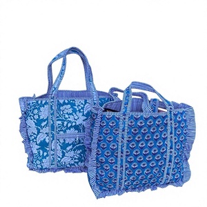 Cotton Quilted <b>Bag</b>, Block Print Ruffle Tote <b>Bag</b> for Women, <b>Boho</b> Travel <b>Bag</b>, Handmade Shoulder Purse, Large Floral Weekender - Product Image 1
