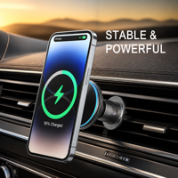 Support de chargeur de voiture magnétique sans fil 15W avec fixation sécurisée pour grille d'aération, station de support de téléphone stable pour iPhone 16 15 et téléphones Android