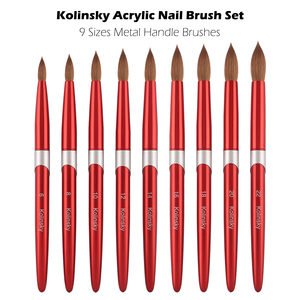 Ensemble de pinceaux professionnels pour nail art en Kolinsky, 9 tailles, manche en métal rouge vif, pour salon, manucure acrylique - Product Image 1