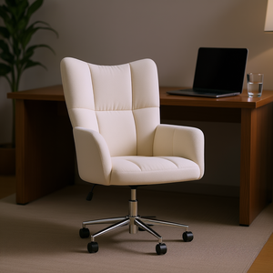 Chaise de bureau en velours blanc crème, dossier capitonné, pivotante, base chromée, réglage manuel, design contemporain - Product Image 2