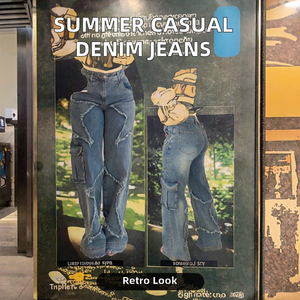 Pantalones Vaqueros Casuales de Mezclilla, Diseño Vintage con Múltiples Parches, Corte Recto, Transpirables, para Invierno, Otoño y Primavera - Product Image 2