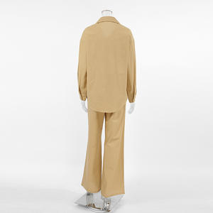 Enyami 100% pamuk yaz sonbahar rahat 2 parça V boyun düğmesi uzun kollu gömlek geniş bacak pantolon eşleşen kıyafetler kadın setleri - Product Image 5