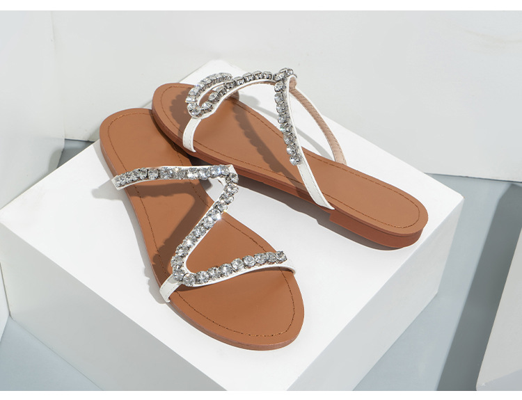 Fashion Rhinestone Flat Shoes Women's Slippers Beach Sandals Girls Leather Pu Slides