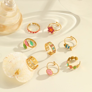Anelli Aperti Regolabili in Acciaio Inossidabile Placcato Oro 18k Antiossidante con Smalto Colorato a Forma di Pesce, Margherita, Fiore e Cuore per Donne - Product Image 3