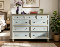 Commode traditionnelle en bois massif bleu clair à 10 tiroirs avec garniture et boutons dorés, multi-usages pour le rangement de la chambre