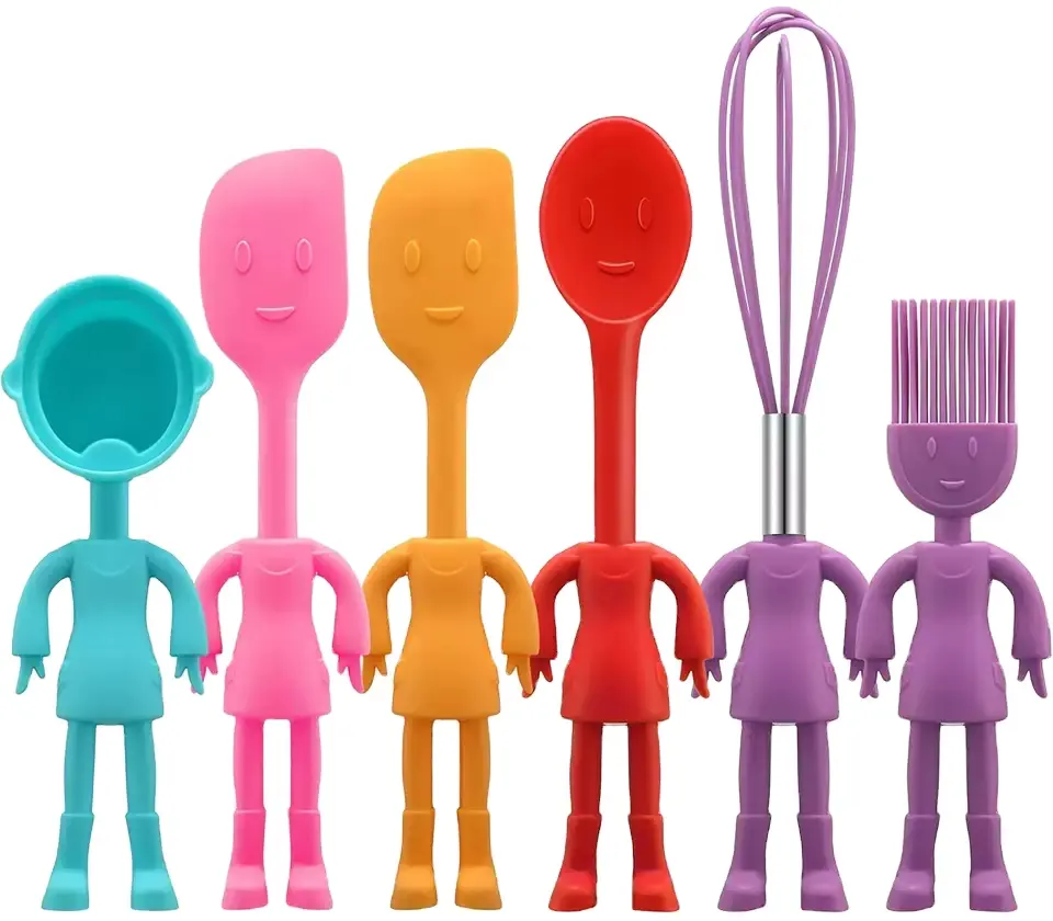 Amazon hot selling human shaped kitchen utensils in 6 piece Stand up Kitchenware Gadgets Silicone Cute Kids cooking tools