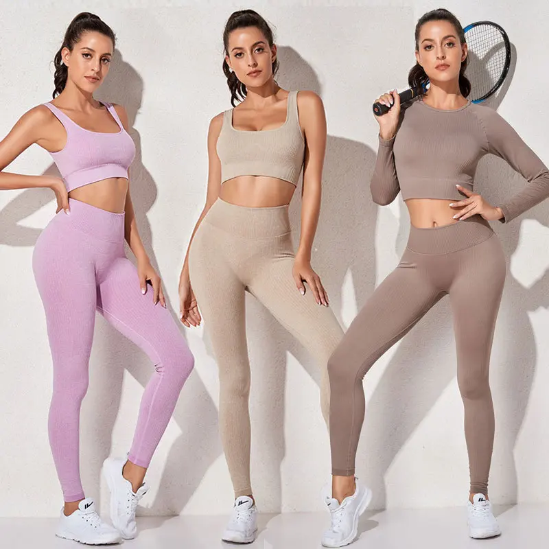 Women'S Sportswear Yoga Set Workout Clothes Athletic Wear Sports Gym Legging Seamless Fitness Bra Crop Top Long Sleeve Yoga Suit