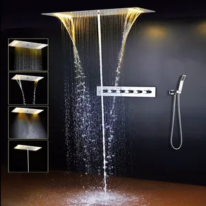 ก๊อกน้ำสำหรับฝักบัว,ก๊อกน้ำทองเหลืองมีไฟ LED ติดเพดานใช้ในห้องน้ำควบคุมอุณหภูมิได้มีฝนตกชุก