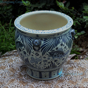 Pots en porcelaine bleu et blanc Antique RZFH01-B poisson motif algues tête de Lion poignée grands Pots en céramique jardinière - Product Image 2