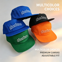 Casquette de camping multi-couleurs à 5 panneaux, 100 % coton, logo brodé, profil bas, non structurée, visière plate, chapeau de sport pour homme
