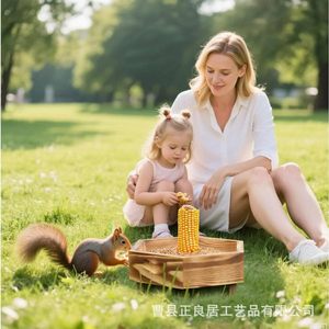 Solid Wood Squirrel Feeder Polygonal Wooden Food Box Floor <b>Standing</b> Nut And <b>Bird</b> Food Storage Wooden Feeder - Product Image 1