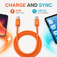 Câble de charge rapide USB Type-C vers Type-C OEM 60W, connecteur en alliage d'aluminium ultra-fin de 4,5 mm, blindage en feuille, câble de données tressé en nylon