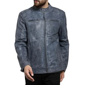 Chaqueta de Motociclista de Cuero Desgastado Azul para Hombre, Chaqueta de Motociclista Vintage con Cierre de Cremallera, Ropa Exterior Informal y Moderna - Product Image 1