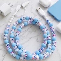 Câble de charge rapide USB-C 3-en-1 personnalisé bleu ciel moucheté avec perles, accessoires décoratifs frais pour voiture