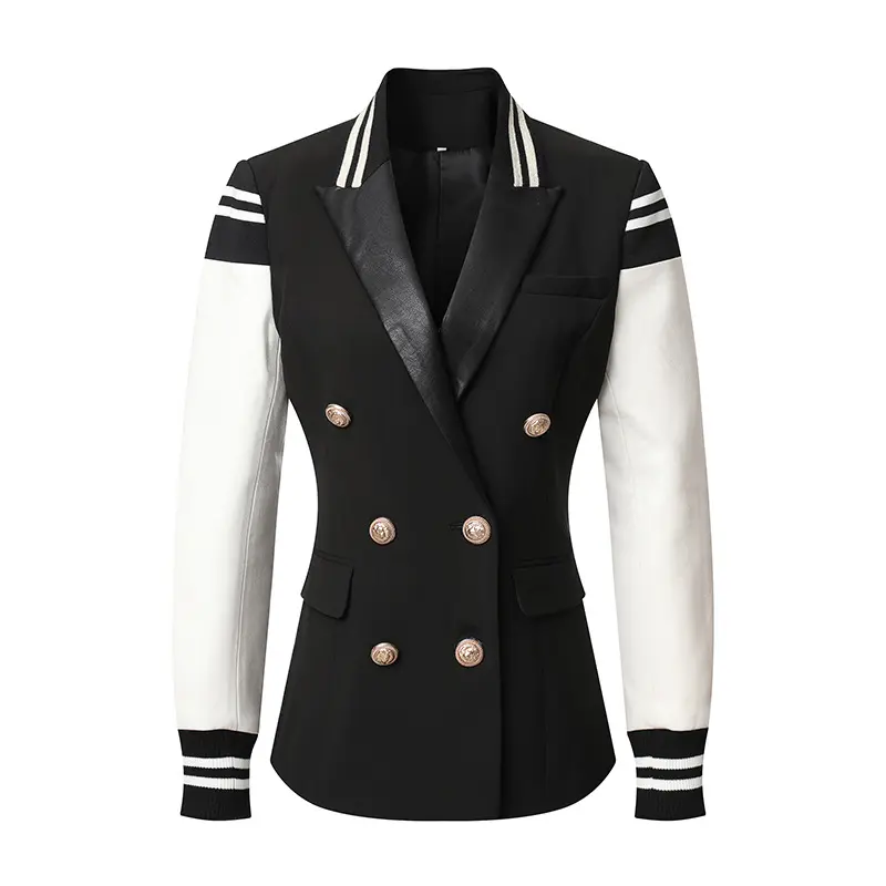 High-quality Fashion Ladies Black And White Stitching Double-breasted College Baseball Jacket Blazer Women