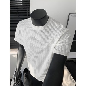 Camiseta de seda de hielo informal de verano para hombre Cleanfit al por mayor parte inferior elástica de punto a rayas blancas y negras 180g con diseño de patrón - Product Image 2